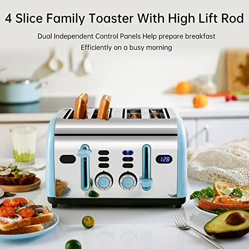Toaster 4 Slice, REDMOND Retro Stainless Steel Toasters With LED Digital Countdown Timer Display, Dual Independent Control Panel, Reheat Defrost Cancel Function, High Lift Lever, Blue