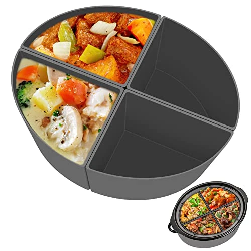 Slow Cooker Divider Liner Fit 6 QT Silicone Slow Cooker Liners, 4 In 1 Reusable Slow Cooker Divider, Leakproof & Easy Clean Dishwasher Safe Cooking Liner For 6 Quart Pot (Grey)