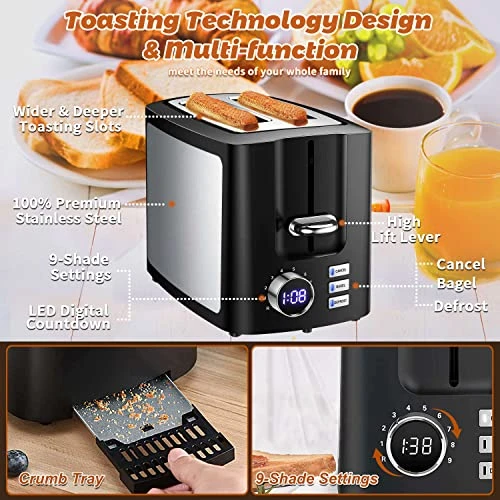 Toaster 2 Slice Wide Slot Toaster Best Rated Prime Displav Smart Toasters With LCD Digital Countdown Timer And Bagel/Defrost/Cancel/Reheat Function - Image 6