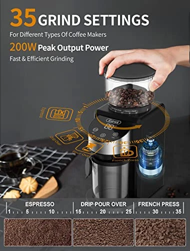 Burr Coffee Grinder, Adjustable Burr Mill With 35 Precise Grind Settings, Electric Coffee Grinder For Espresso/Drip/Percolator/French Press/American/Turkish Coffee Makers, 120V/200W, Black - Image 2