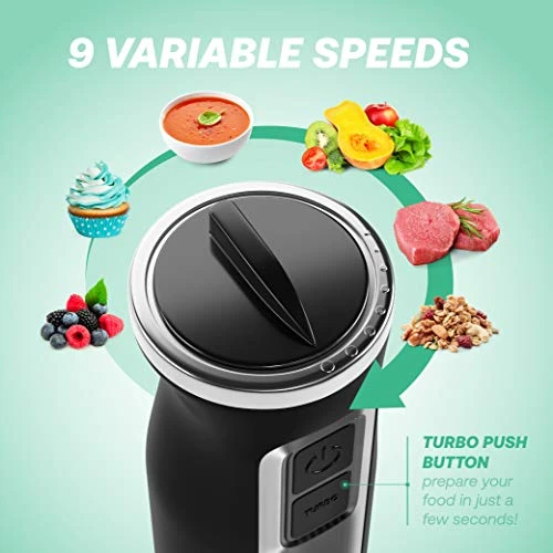 5-in-1 Immersion Blender - 9 Speed Ultra Powerful Stainless Steel Hand Mixer For Kitchen - Electric Handheld Stick Frother - Chop/Grind/Whisk/Froth/Blend - Turbo Mode - Food Grinder + Container - Image 2