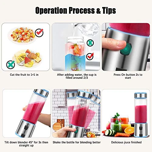 Portable Blender Glass, USB Rechargeable 5200mAh Personal Blender 15 Oz, With 2 Bottle Caps, Smoothie And Fruit Juice (with Travel) - Image 4