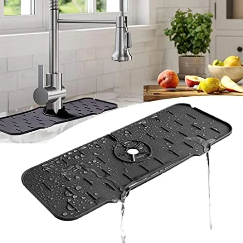LYOWL Silicone Sink Faucet Mat, Sink Splash Guard Drip Catcher For Sink Faucet, Water Draining Pads Behind Faucet For Kitchen, Bathroom And RV, (Black)… - Image 5