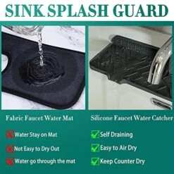 2 Pack Silicone Faucet Mat For Kitchen Sink - Splash Guard, Bathroom Faucet Water Catcher Mat With Drain Spout, Drip Protector Rubber Drying Mat For Kitchen & Bathroom Countertop Protect (Black)