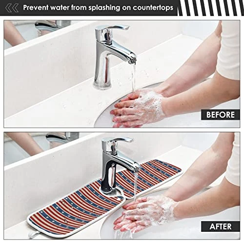 2 Pack Kitchen Faucet Mat Absorbent Washable Sink Splash Guard Faucet Drip Drying Mat Bar Countertop Water Catcher Mat Large 30x5 Inch American Flag Element - Image 4