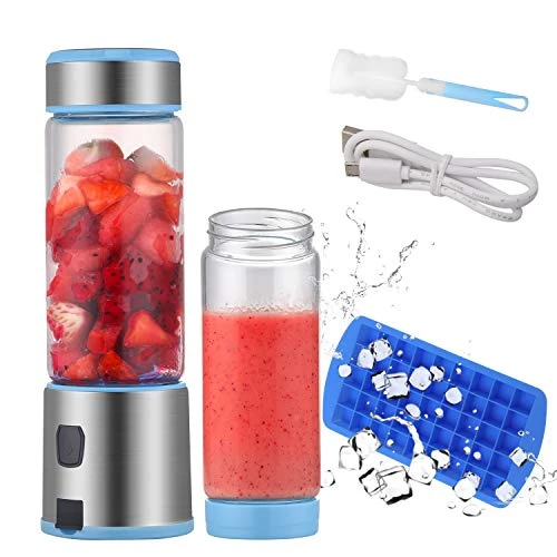 Portable Blender Glass, USB Rechargeable 5200mAh Personal Blender 15 Oz, With 2 Bottle Caps, Smoothie And Fruit Juice (with Travel)