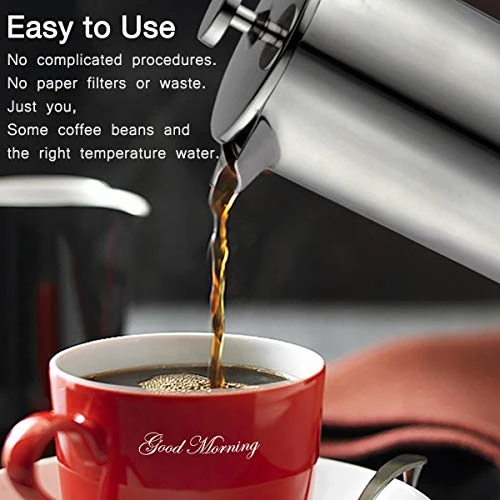 French Press Coffee Maker Stainless Steel Double Wall Insulated Large Capacity 1 Liter 1000ml 34oz 8Cup And Dishwasher Safe Metal Coffee-Press For Camping Travel Silver - Image 2