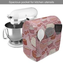 Ambesonne Cartoon Stand Mixer Cover, Teapots Cups With Polka Dots Patterns Cherries Cakes Tea Coffee Pattern, Kitchen Appliance Organizer Bag Cover With A Pocket, 6-8 Quarts, Pink Orange And Red
