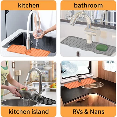 Upgraded Silicone Faucet Mat, Kitchen Faucet Sink Splash Guard, Bathroom Faucet Water Catcher Mat, Faucet Handle Drip Catcher Mat, Sponge Holder (Upgraded Grey) - Image 4